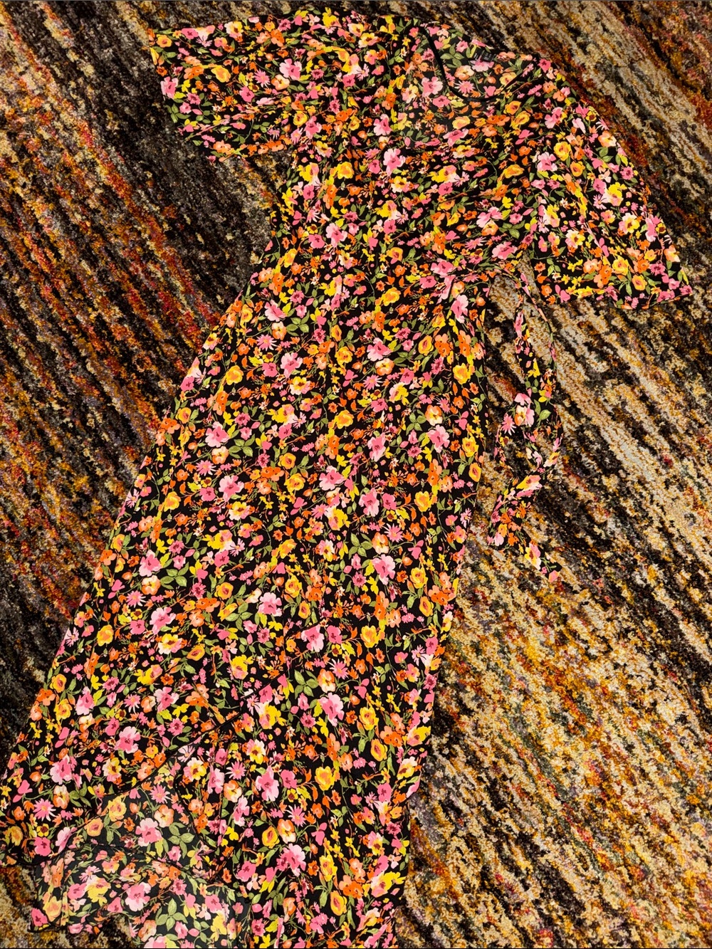 Maternity Black Maxi Wrap Dress with Pink and Orange Floral Print